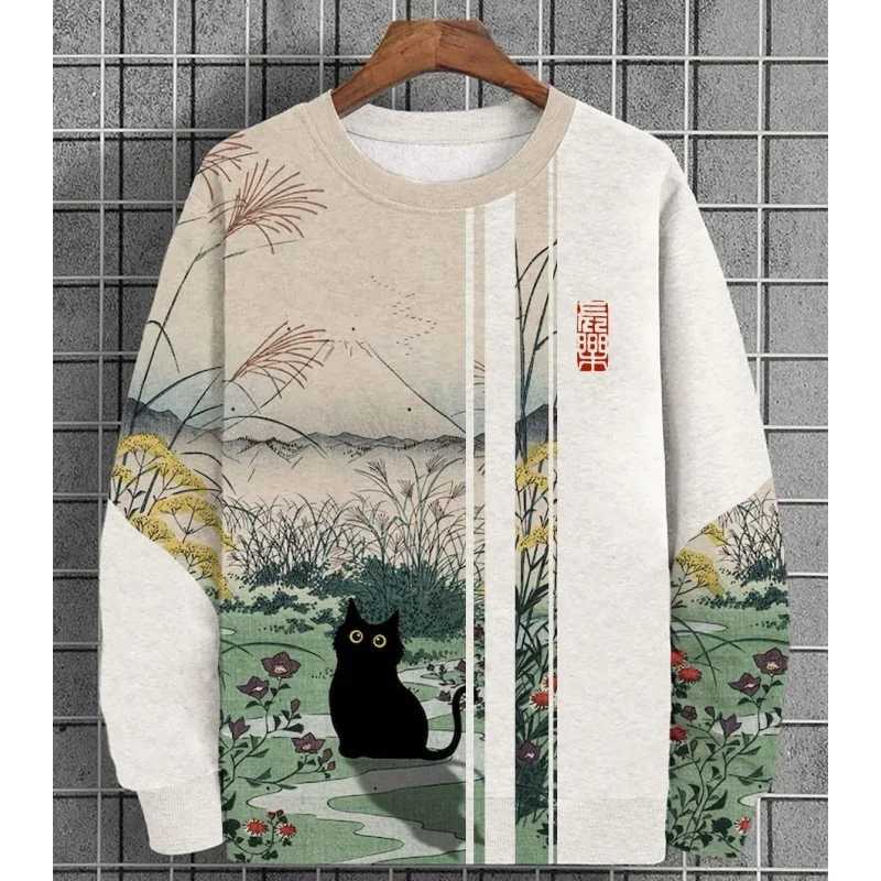 Mens floral cat pattern hoodie plant stripes 3D printing spring and autumn long-sleeved round neck casual sweater fashion largeX240925