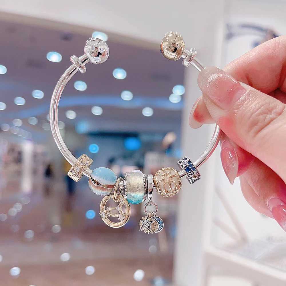 Authentic Silver Sun Moon Open Bangle Cuff Bracelets 925 Silver Charms DIY Women Party Fine Jewelry GiftsX240925