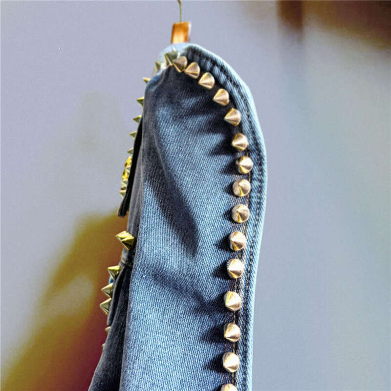 Women Light Blue Short Denim Fashion Bead Rivet Dia Irregular Single-Breasted Puff Sleeve Jeans Jacket Streetwear