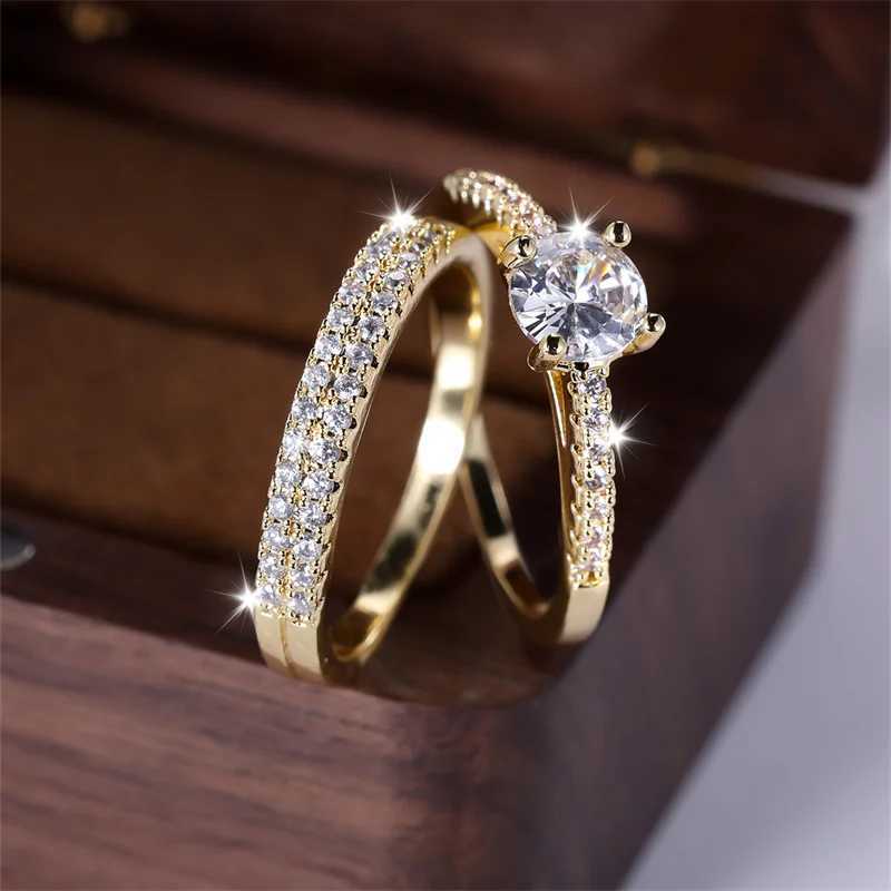 2 classic round ring sets suitable for women antique gold white zircon stacked couple rings bridal wedding rings party jewelry CZ W240925