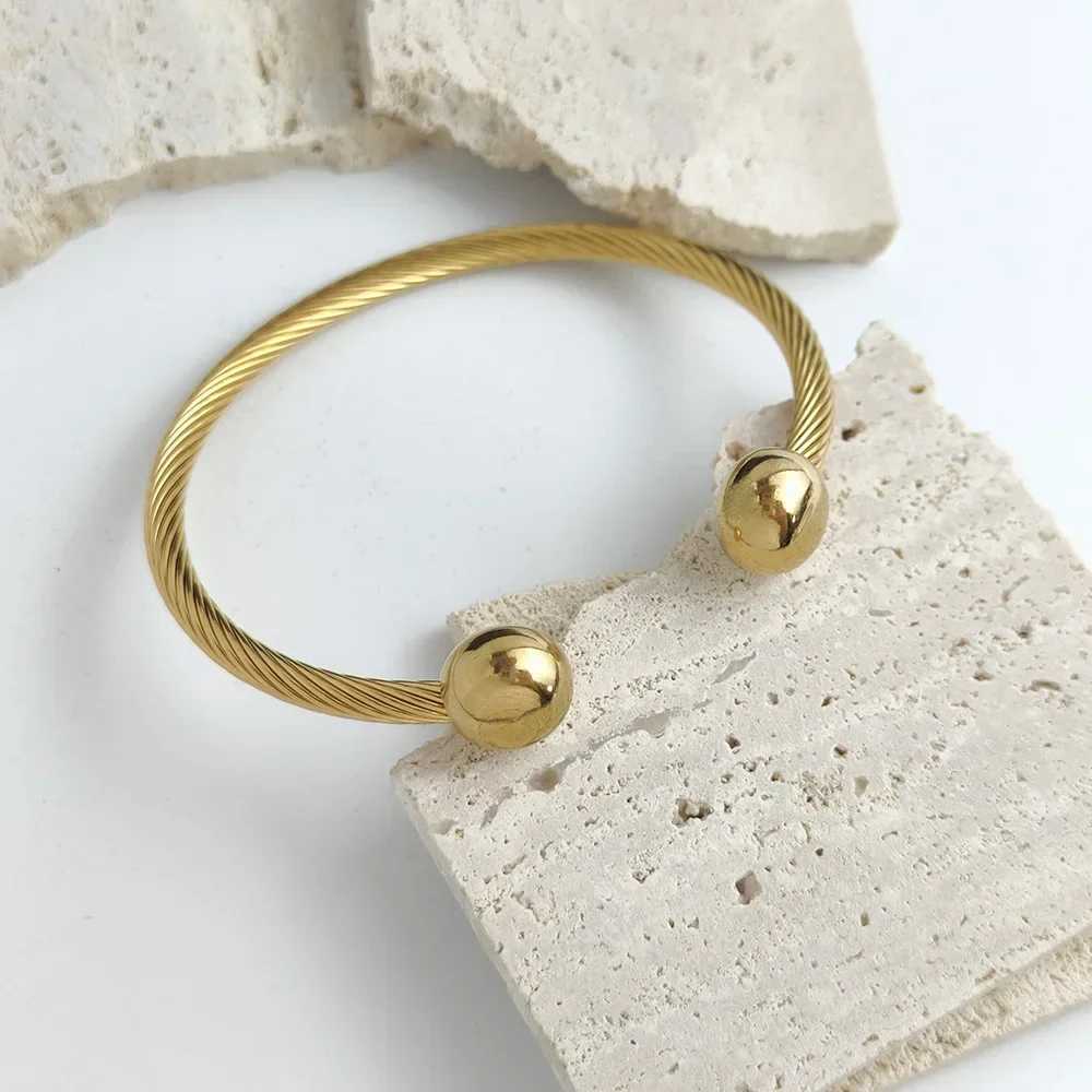 Double Round Ball Bangles for Women Stainless Steel Twisted Textured Opening Adjustable Bracelets Jewelry Valentines Day GiftsX240925