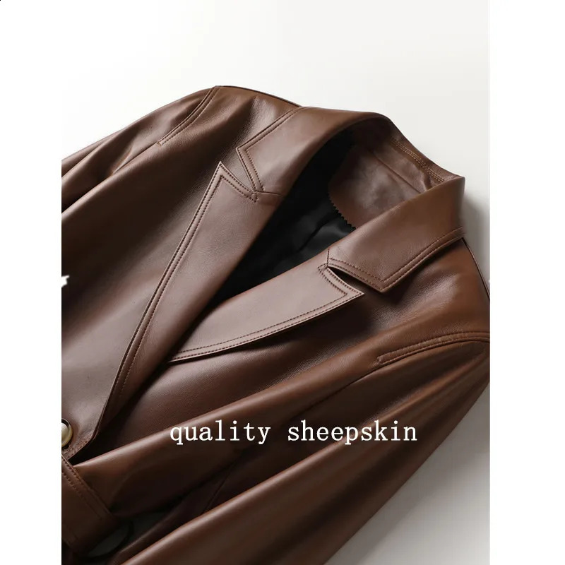 Womens sheepskin suit jacket weight loss belt MIDI length genuine leather coat spring and autumn 240924