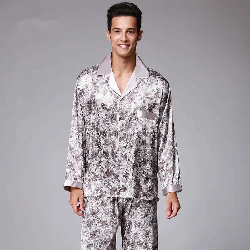 Sleepwear New Luxury Pajamas Men Paisley Pattern Slpwear Silk Long-slved Satin Mens Pyjamas Mens Lounge Pajamas Set Plus Size 4XL Z240925
