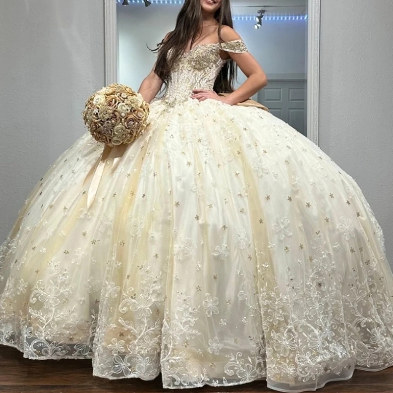 Light Champagne Shiny Quinceanera Dresses Ball Gown Sweetheart Lace Beading Tulle Lace-Up Backless Party Princess Sweet 16 Dress Vestidos 15 Anos
