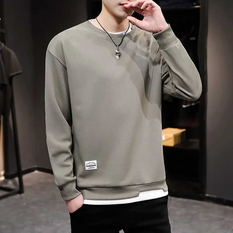 Spring Autumn Men Harajuku O Neck Hoodies Men Casual Solid Color Sweatshirt Fake Two Pullover Male Basis Streetwear SweatshirtX240925