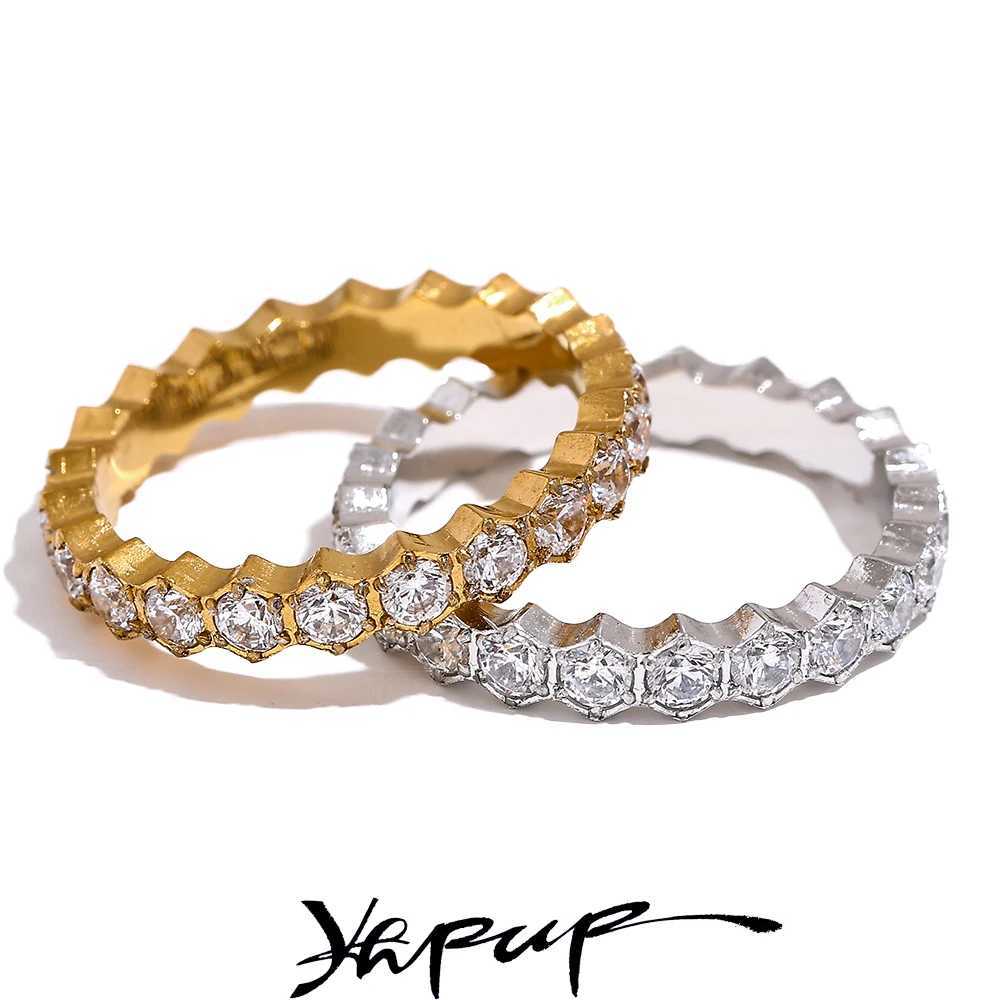 Yhpup Exquisite White Cubic Zirconia Sparkling Stainless Steel Classic Thin Unique Ring Luxury Engagement Wedding Fashion Jewelry Gift W240925