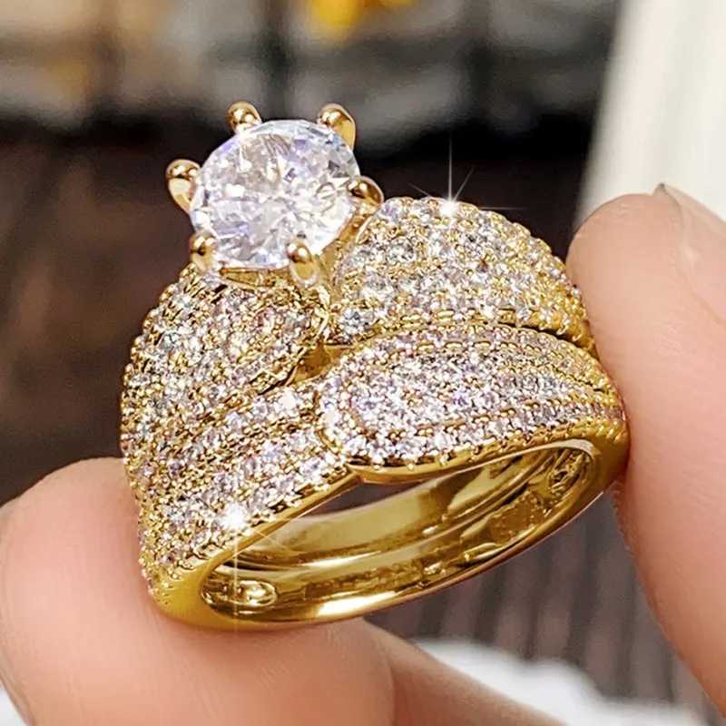 Huitan Hot 2Pcs Set Ring Fashion Jewelry Womens Silver/Gold Full Color Sparkling Ice CZ Luxury Wedding Accessories W240925