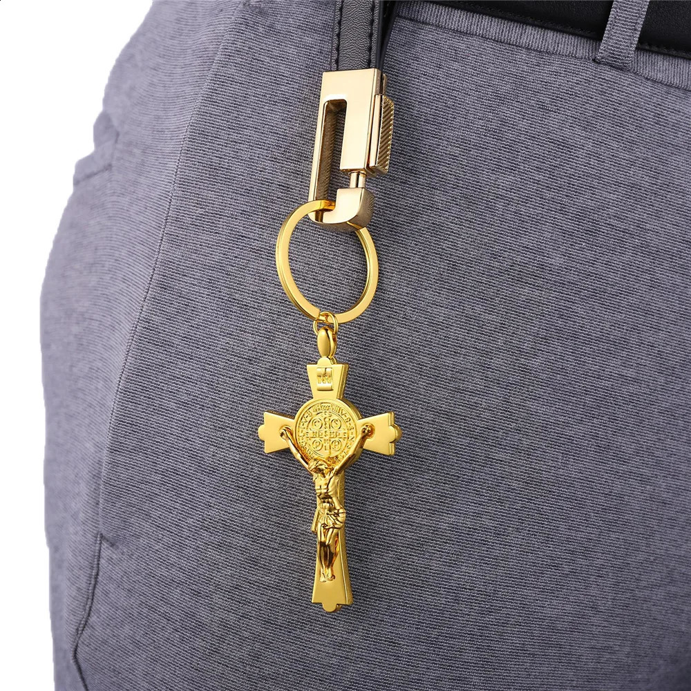 U7 Classic Cross Saint Benedict keychain wholesale gold mens keychain holder keychain with box K007 QC24 240924