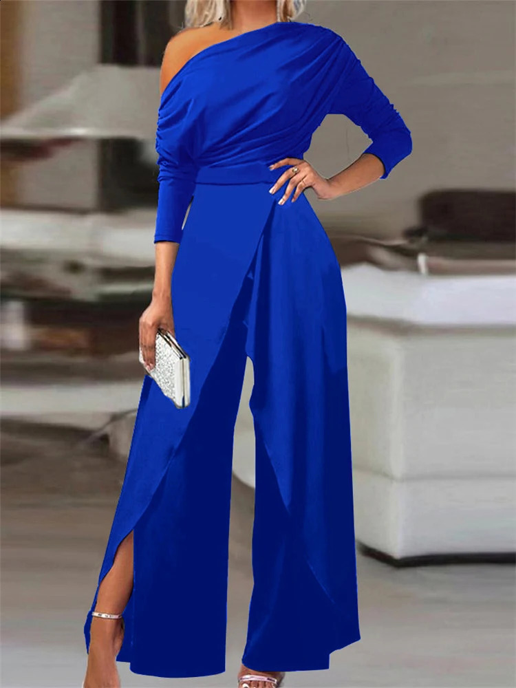 Elegant Jumpsuits for Women 2024 Spring Plain Office Lady Loose Ruched Cold Shoulder Split Hem Wide Leg Jumpsuit