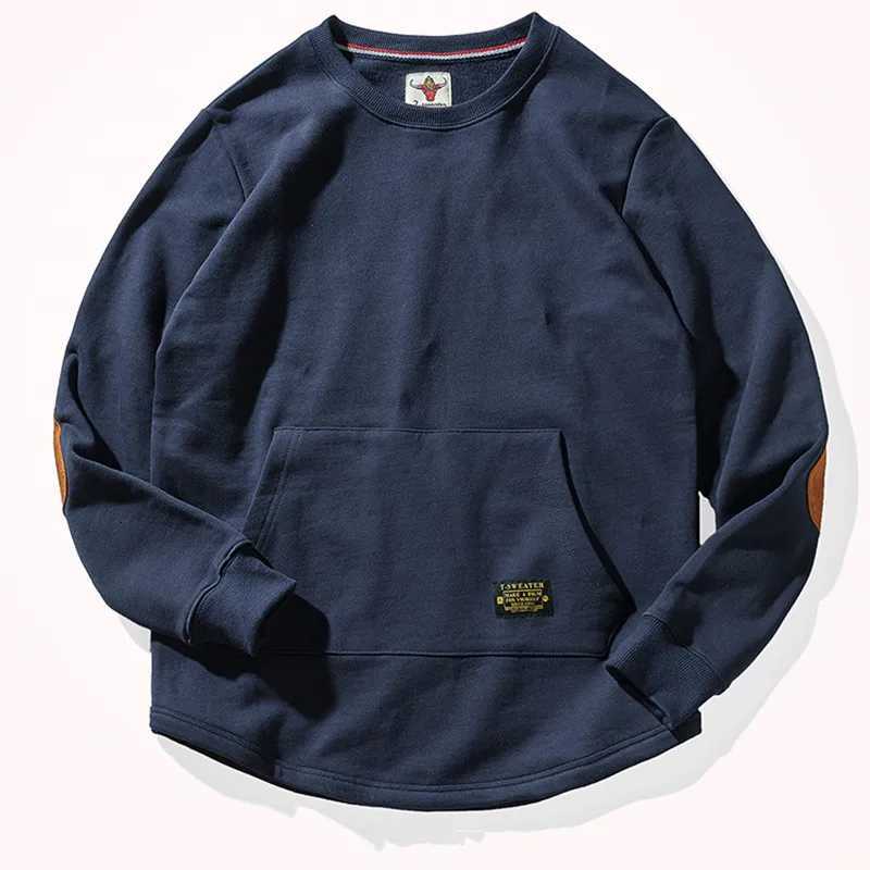 Japanese heavy velvet padded sweater mens 2022 autumn and winter solid color kangaroo pocket warm round neck jacketX240925