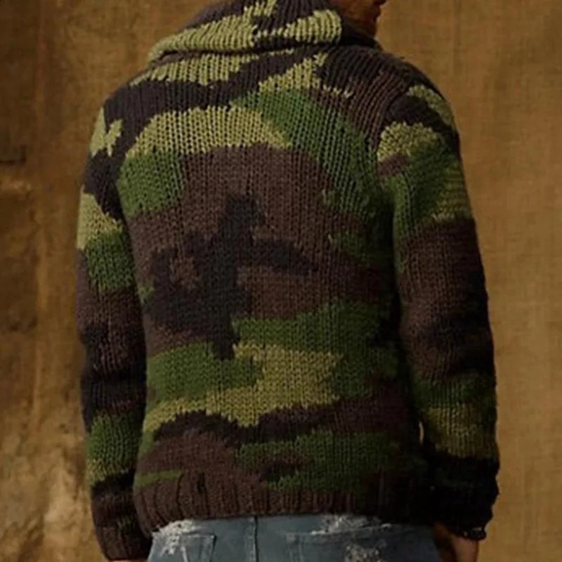 Mens Cardigan Sweater AutumnWinter Camouflage Jacquard Flip Collar Slim Fit Woolen Outerwear Jacket 240910