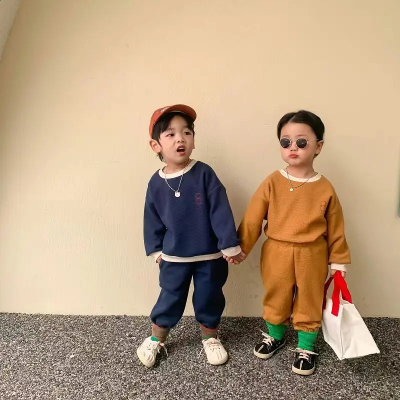 boys round neck set girls solid color cute spring and summer childrens fashion casual twopiece 12M6 years old 240925