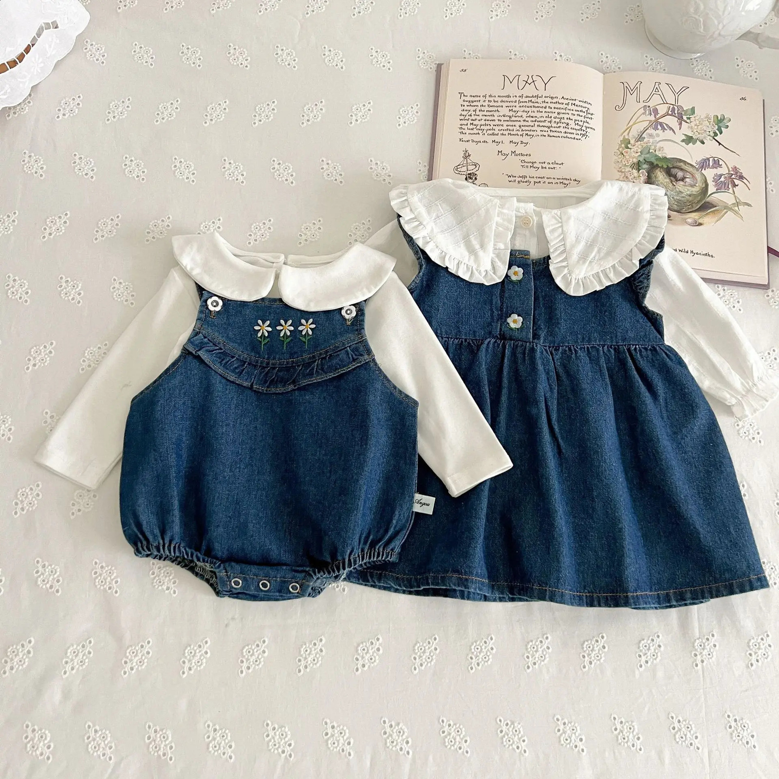 Korean autumn baby girl 3piece cotton long sleeved top denim jacket jumpsuit jeans set toddler 240925