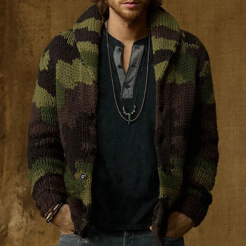 Mens Cardigan Sweater AutumnWinter Camouflage Jacquard Flip Collar Slim Fit Woolen Outerwear Jacket 240910