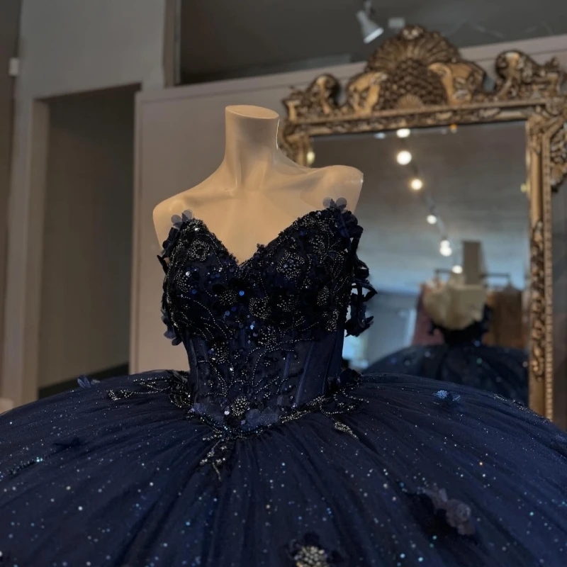 Navy Blue Shiny Quinceanera Dress Off The Shoulder Mexican Lace Beads Tull Vestidos De 15 Anos Princess Sweet 16 Birthday XV Ball Gown