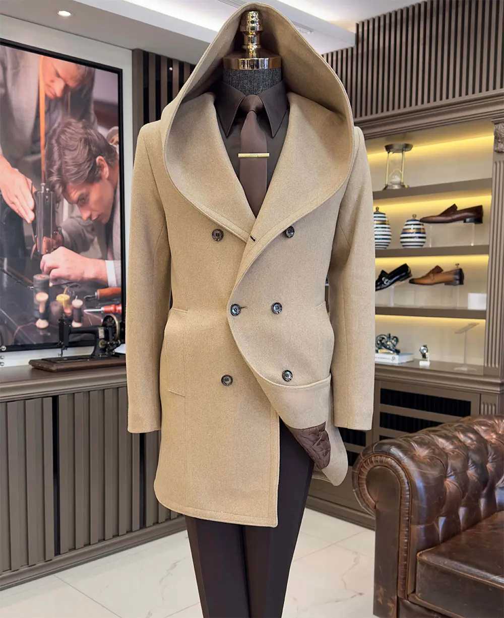 Mens wool hooded jacket vintage jacket brand clothing double chest knee length long sleeved jacket high-quality mens clothing W240924