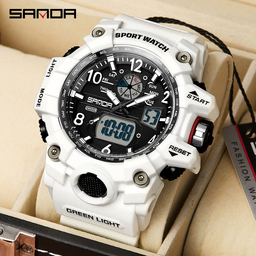 SANDA 3169 New Fashionable Casual Watch for Men, Digital Dual Time Zone, Weekly Gold Sport, 5bar Waterproof Quartz Watch, Relogio Masculino