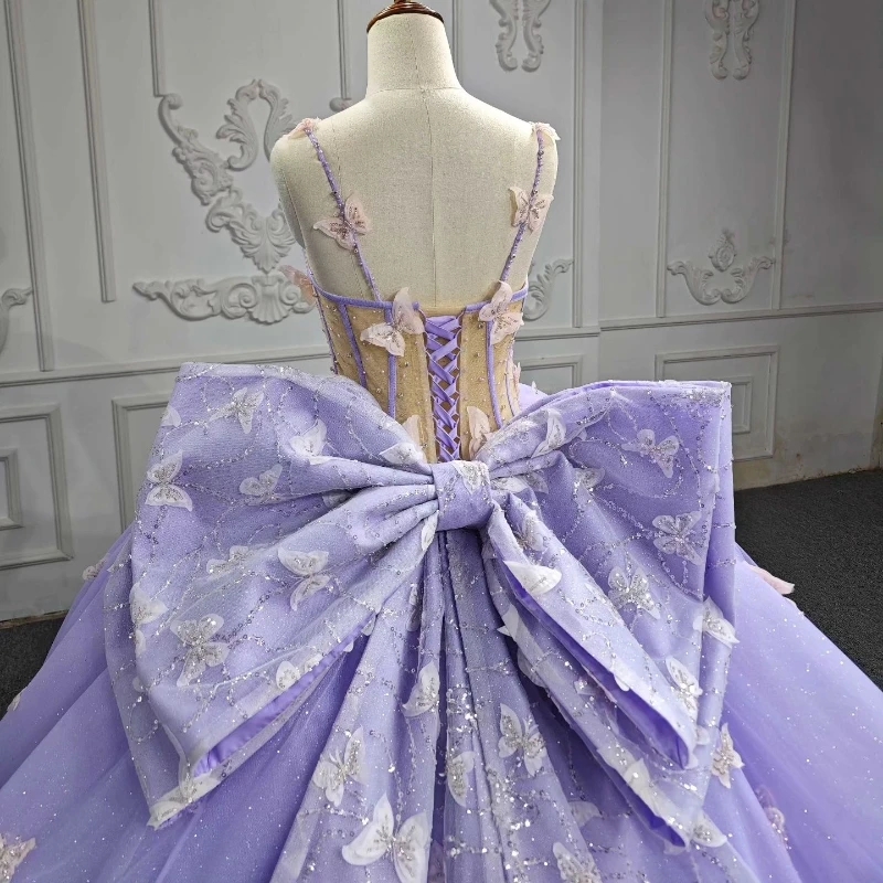 Lavender Sweetheart Quinceanera Dresses Party Gown Spaghetti Strap Beads Crystal Bow Tull Sweet 16 Dress Princess Vestido De 15 Anos