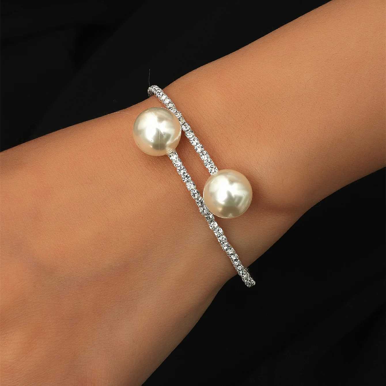Elegant Crystal Imitation Pearl Open Bracelets for Women Gold Silver Plated Cuff Bangles necklace set Pulseras Mujer JewelryX240925