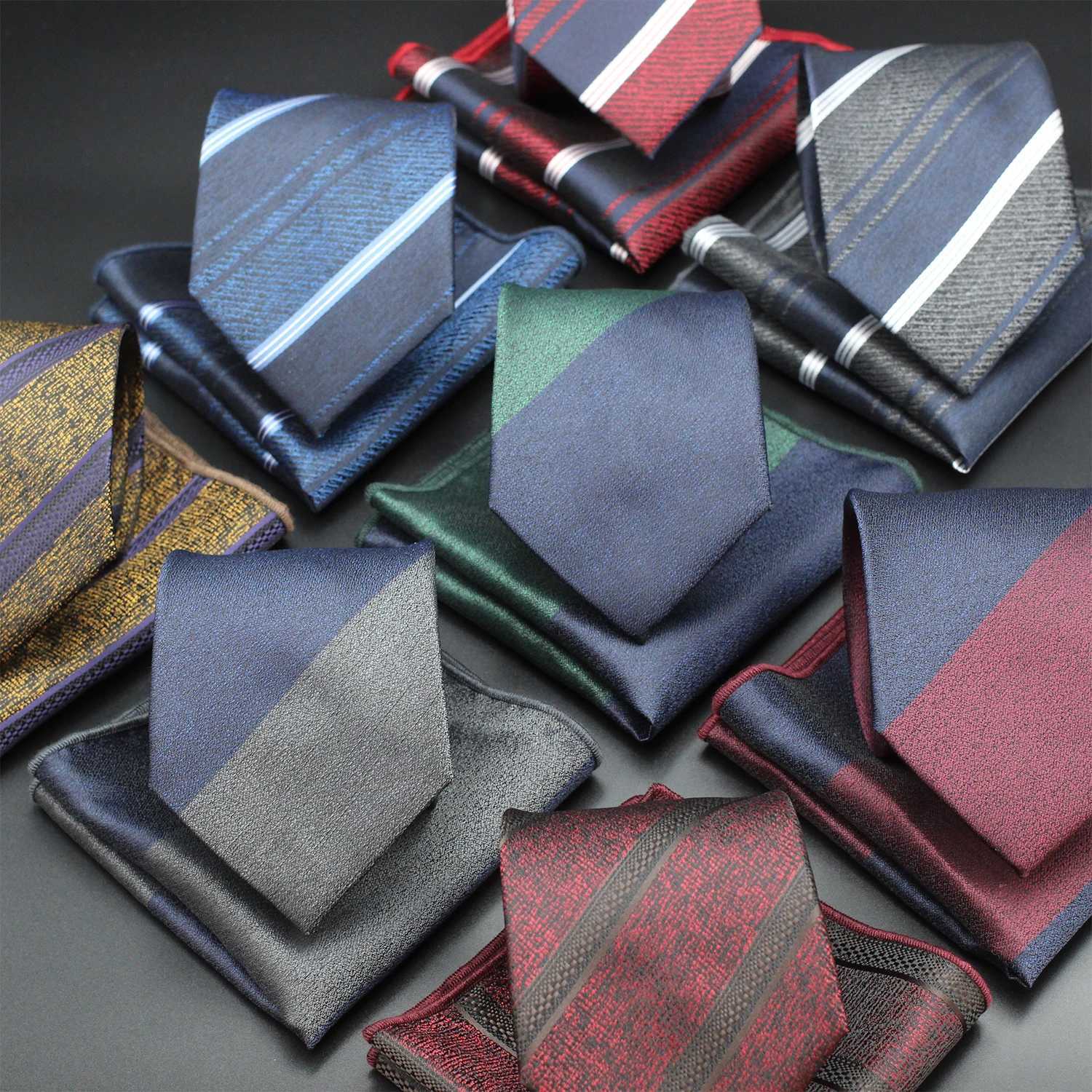 8cm New Red and Blue Ribbon Mens Fashion Jacquard Stripe Geetry Necktie Pocket Square Set Gro Wedding Party Business Y240925