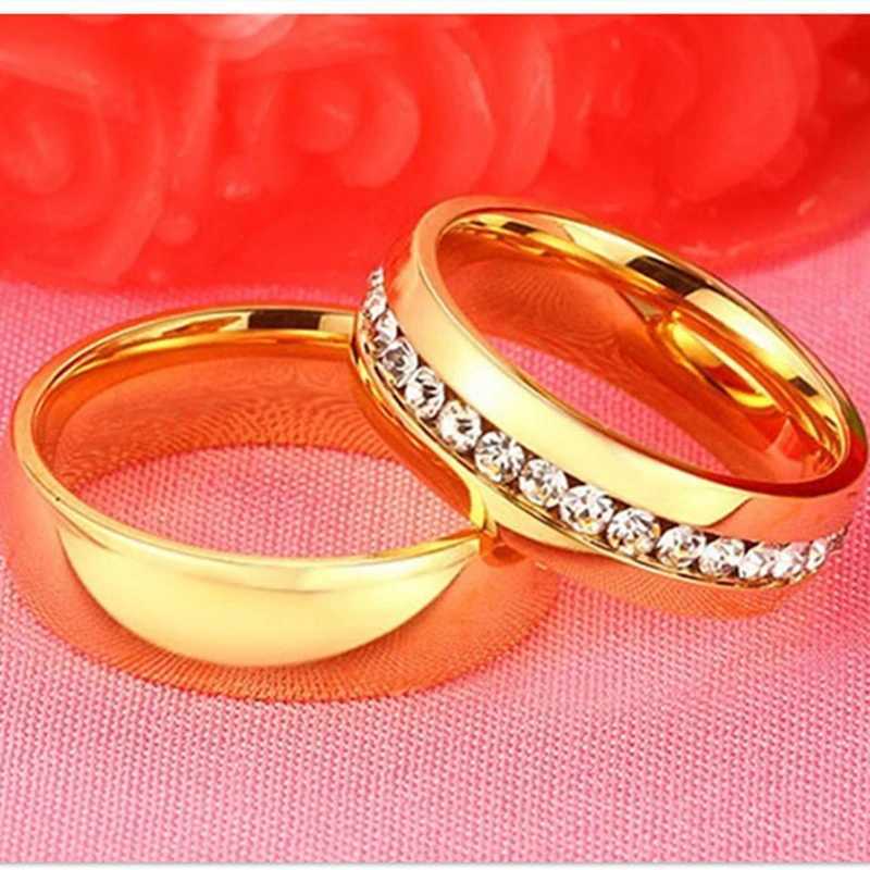 Golden Lover Crystal Stainless Steel Ring suitable for men women wedding bands custom carved names charming gifts W240925
