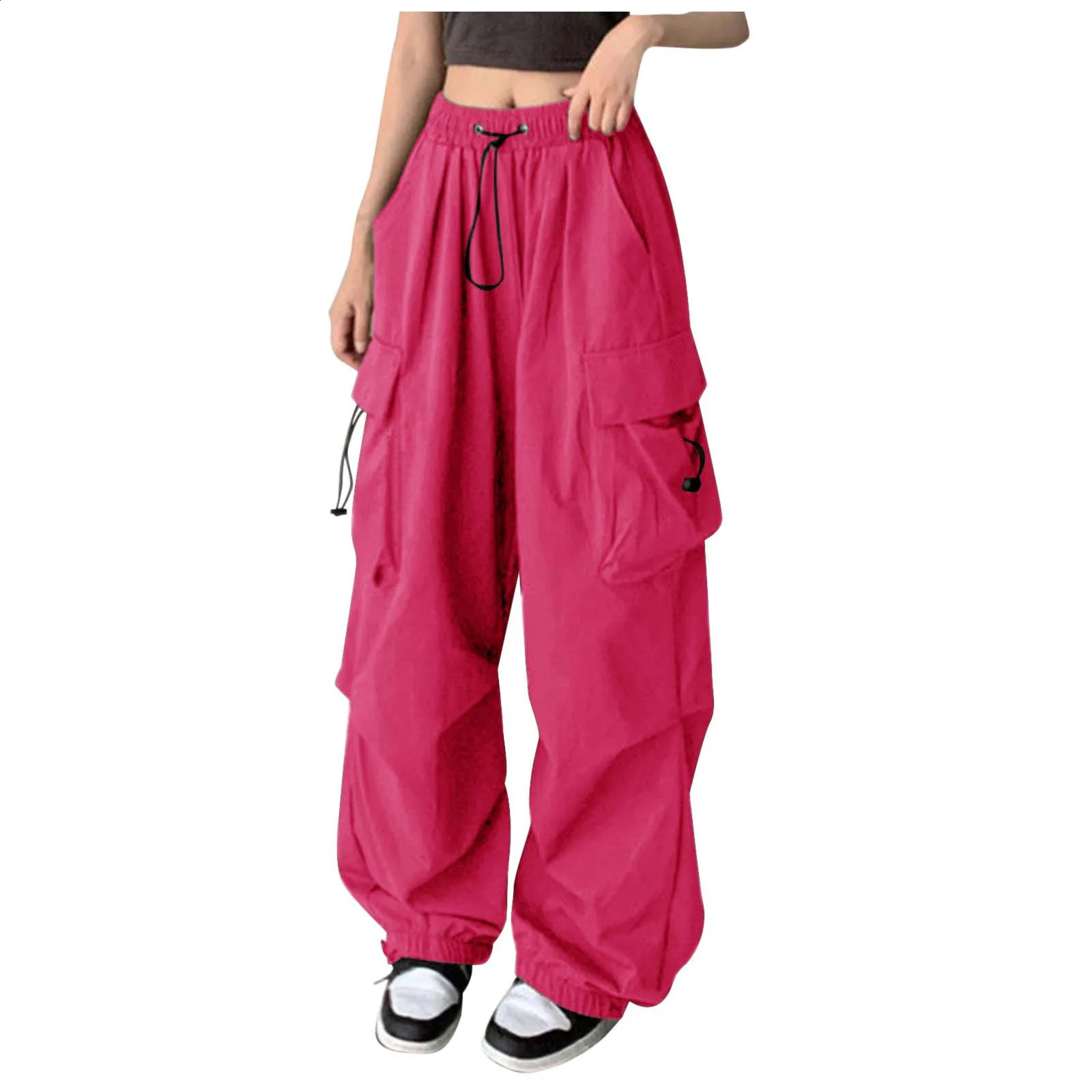 Multi pocket unisex solid color cargo womens high waisted pleated loose sports elastic casual hip-hop wide leg pants Z260314
