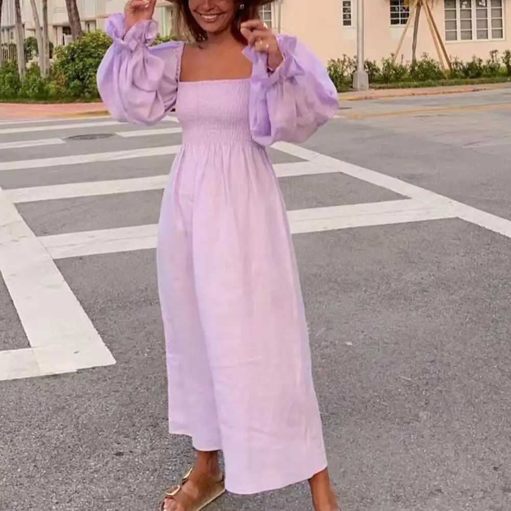 Casual Women Dress Elastic Chest Wrap Lantern Long Sleeve Sweet Dress Square Collar Off Shoulder Summer Midi Dress Streetwear M240924