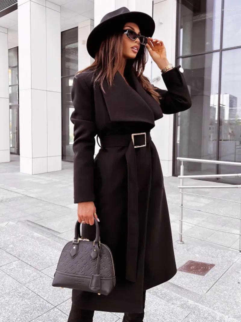 Women's Trench Coats S-2XL Size Windbreaker Coat Simple Solid Color Long Sleeved Button Fashion V-neck Belt Casual Wool