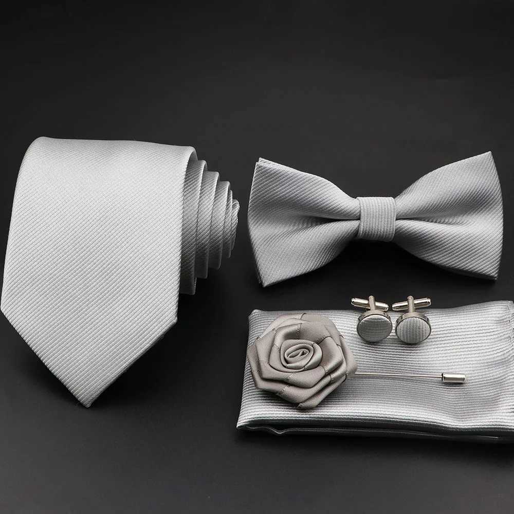 New Solid Color Striped Men Tie Set Polter Jacquard Woven Necktie Bowtie Suit Vintage Red For Gro Business Wedding Party Y240925