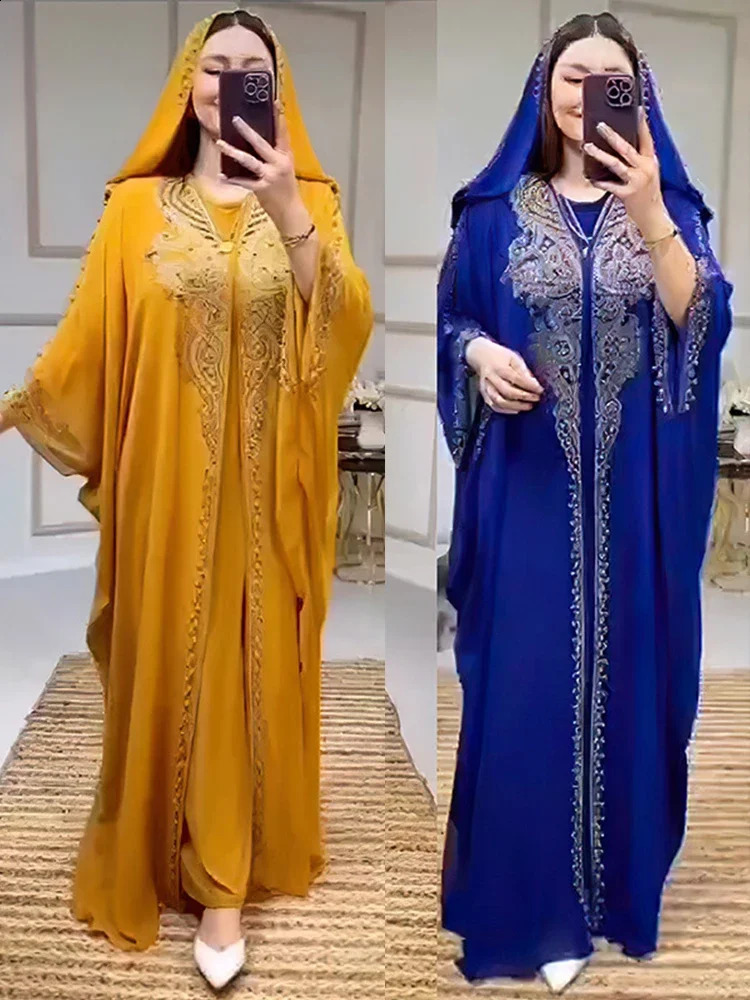 Eid al Fitr womens hooded Abaya 2-piece diamond Jalabiya Moroccan party dress Dubai Abayas Kaftan Vestido long dress 240925