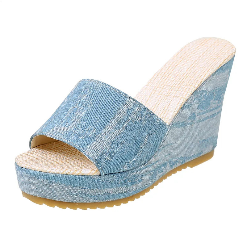 Slippers Women Summer Shoes Big Size On A Wedge Pantofle Slides Platform Heeled Mules Fashion Low Denim High Luxury PU Rome 240924