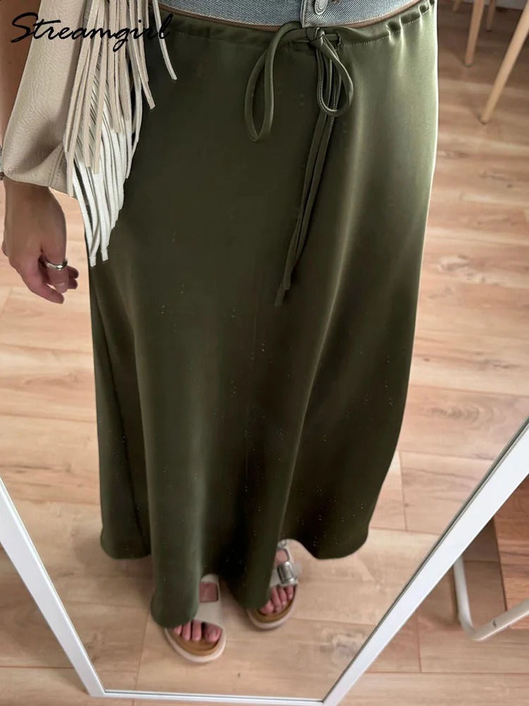 Streamgirl A Line Long Satin Skirts For Women Black Elegant High Waist Maxi Beige Skirts Silk Lace Up Long Skirt Women 240914