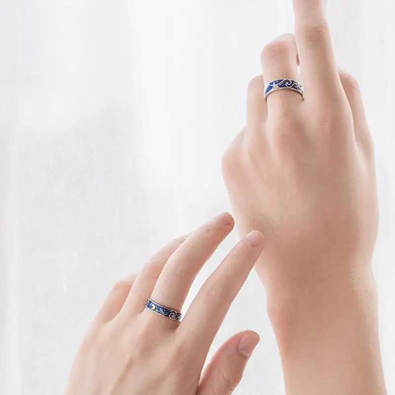 2PCS S925 Silver Plated Van Gogh Blue Starry Sky Open Lover Ring Band Love Forever Ring Set Romantic Jewelry W240925