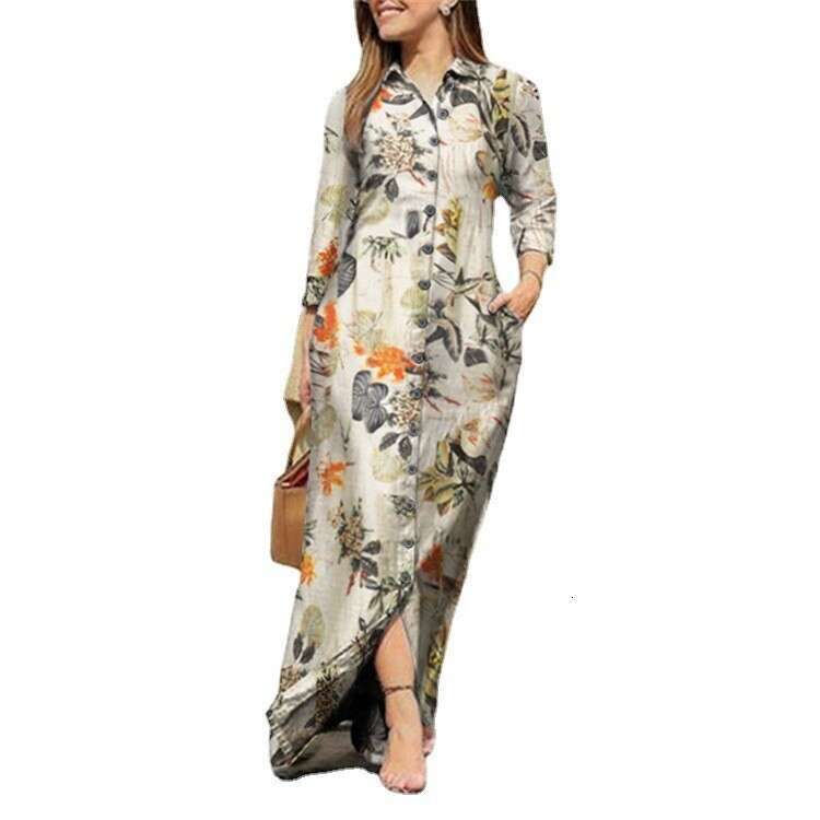 Women's holiday casual lapel sleeved robe ral printed cotton dress button shirt long
