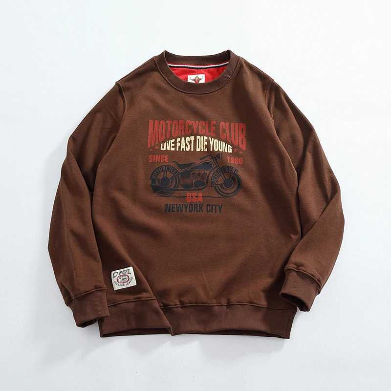 Vintage motorcycle printing thick texture hoodie mens round neck knitted wool circle cloth base shirt top tideX240925