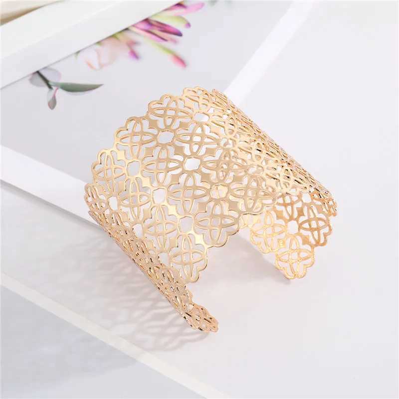 European Shiny Metal Flower Leaf Rhombus Bracelet For Women Men Open Adjustable Wide Cuff Bracelet Party Wedding Jewelry B26X240925