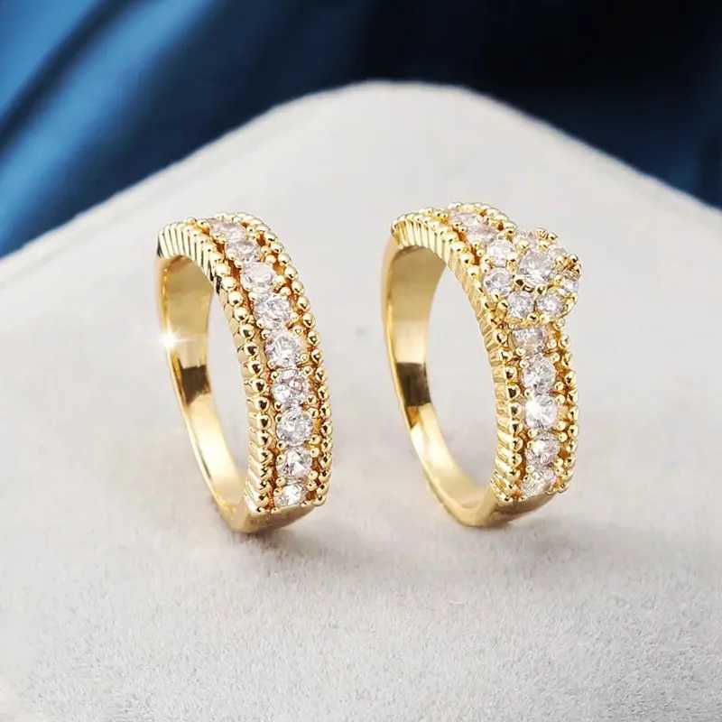 Huitan Trendy Golden Color 2PC Bridal Ring Set Womens Wedding Ceremony Accessories with Bright Zirconia Fashion Luxury Jewelry W240925