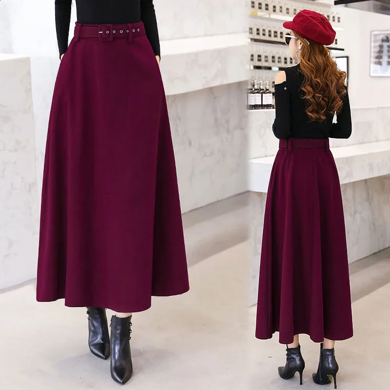 Winter Wool Maxi Womens Retro Long Skirt with High Waist Fashion Street Clothing A-line Solid Jupe Womens 240924