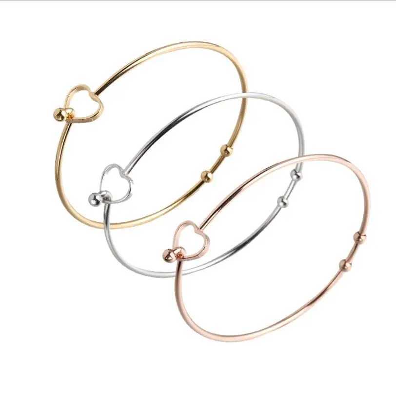 Fashion 2mm Thick Stainless Steel Heart Shped Beads Bangle Bracelet Cuff Bracelet Expandable Can Open Bangle One PieceX240925