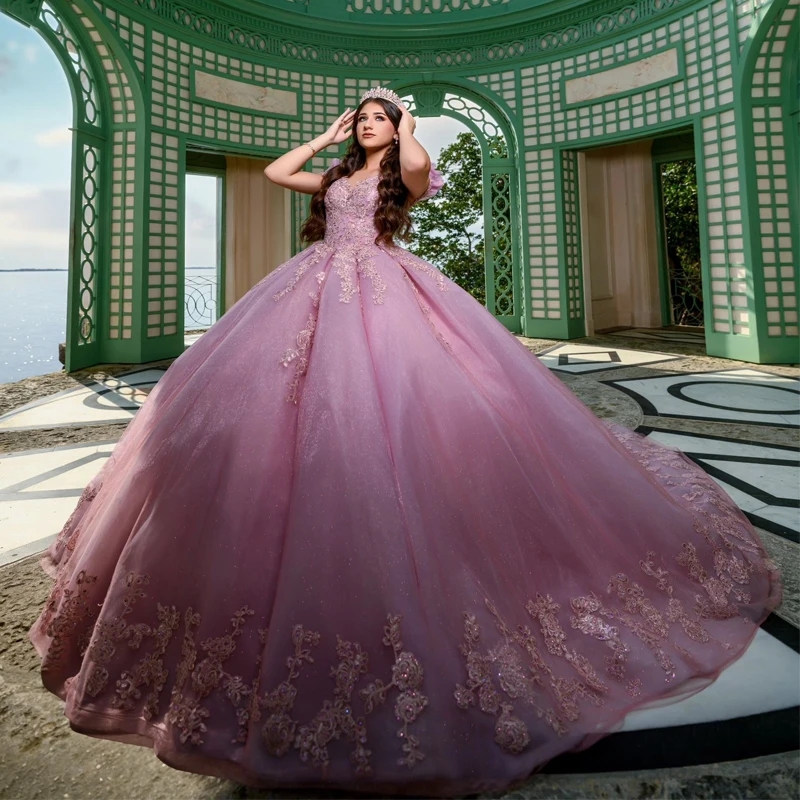 Pink Shiny Ball Gown Quinceanera Dresses Off The Shoulder Appliques Lace Beads Tull Sweet 16 Dress Vestidos De 15 Anos