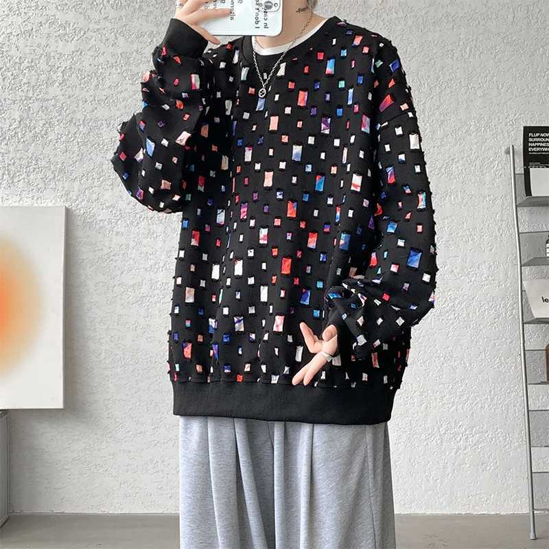 Cotton Hollow Hoodie Men Oversized Plaid Sweatshirt Men Streetwear Hip Hop Loose Pullover Hoodie Mens Round Neck Hoody M-3XLX240925