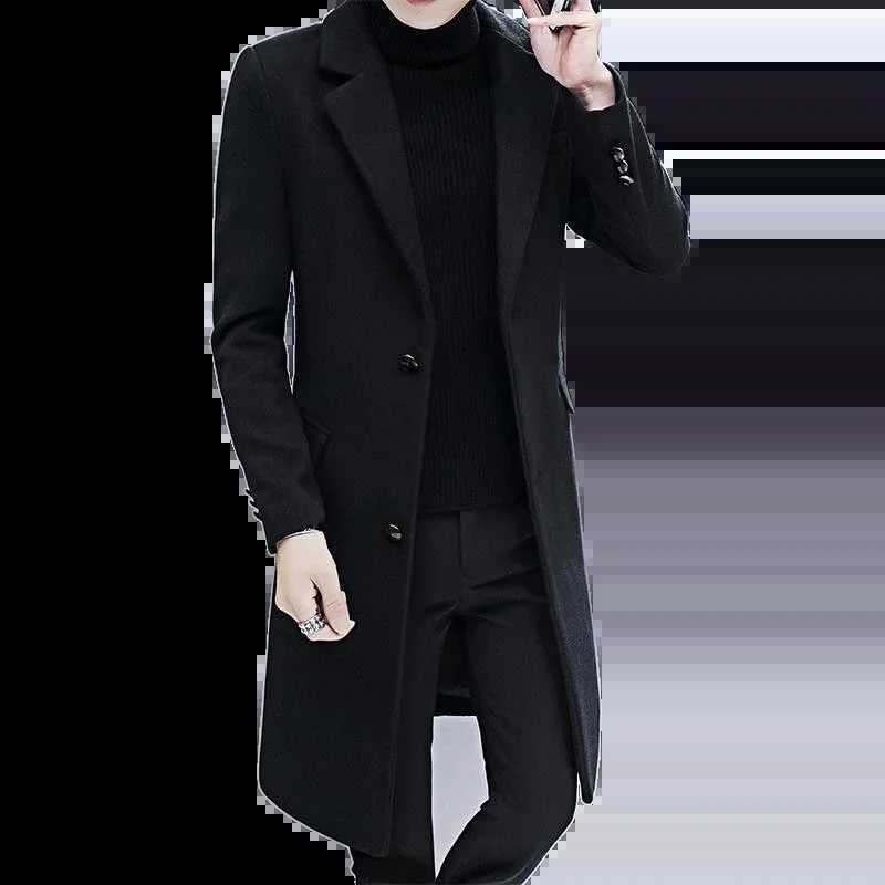 2023 New Woolen Coat Mens Autumn and Winter Windbreaker Mens Mid length Korean Slim Fit Woolen Coat Y240924