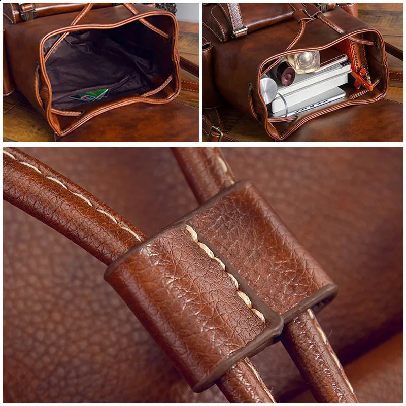 Retro Leather Backpack Womens Fashion Large Drawstring Rucksack School Travel Bag Teen Girls Mochilas Black Brown XA480H 240724