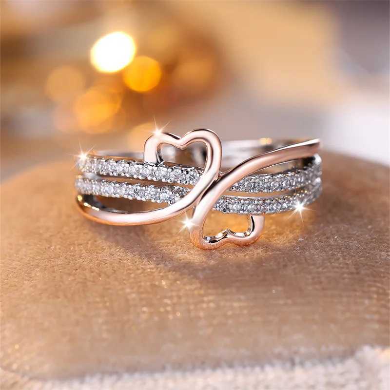 Two tone rose gold silver double heart-shaped ring suitable for women white zircon Ins Unlimited Wedding Band bridal engagement jewelry W240925