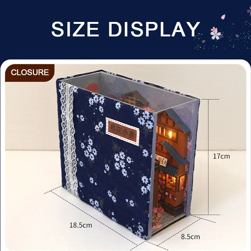 Japanese Retro DIY Wooden Book Nook Shelf Insert Miniature Building Kits Sakura Alley Home Bookend Decor Adult Handmade Gifts 240913