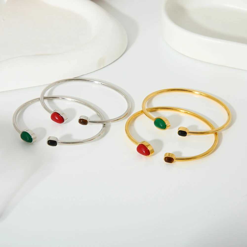 New Stainless Steel Natural Stone Open Cuff Bracelet Bangle Green Red Black Stone PVD 16K Gold Plated Tendy Jewelry for WomenX240925