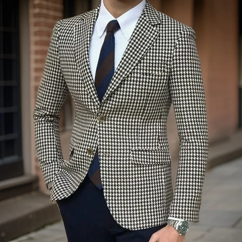 Plaid Men Suit Jacket for Business 1 Piece Check Houndstooth Male Blazer Notch Lapel American Style Wedding Suit 2024