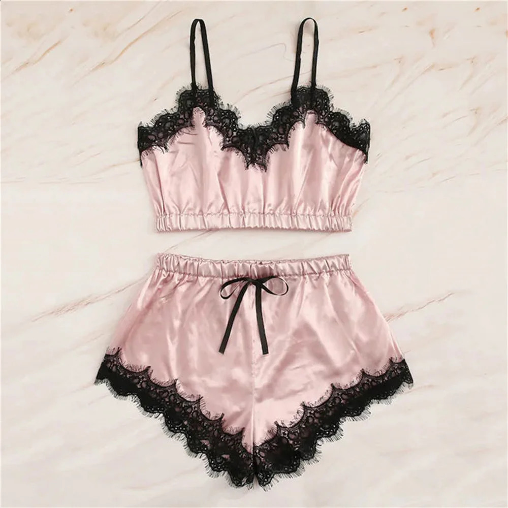 Women Pajama Suit Fashion VNeck Lace Stretch Satin Babydoll Sexy Lingerie Bowknot Pyjamas Sleep Shorts Set Sleepwear 240925