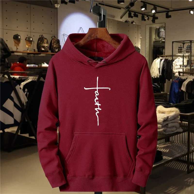 Autumn And Winter Mens Casual Sports Fleece Outdoor Comfortable Round Neck Fashionable Faith Printed Sports Hooded SweatshirtX240925