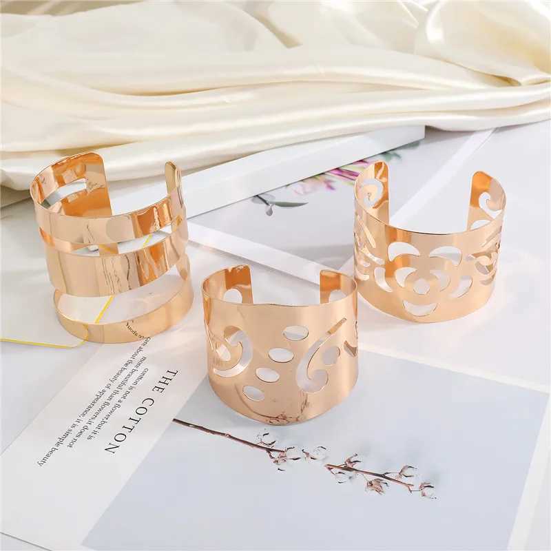 European Shiny Metal Flower Leaf Rhombus Bracelet For Women Men Open Adjustable Wide Cuff Bracelet Party Wedding Jewelry B26X240925